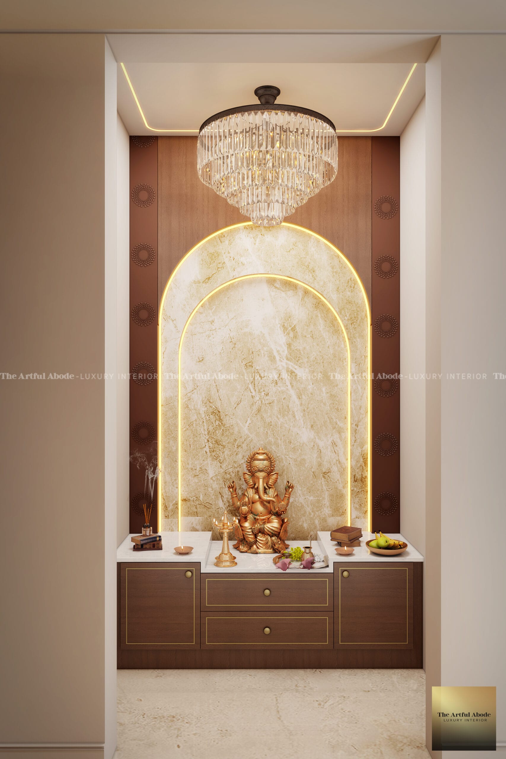 Pooja room interior elements - ceiling, walls, flooring - The Artful Abode