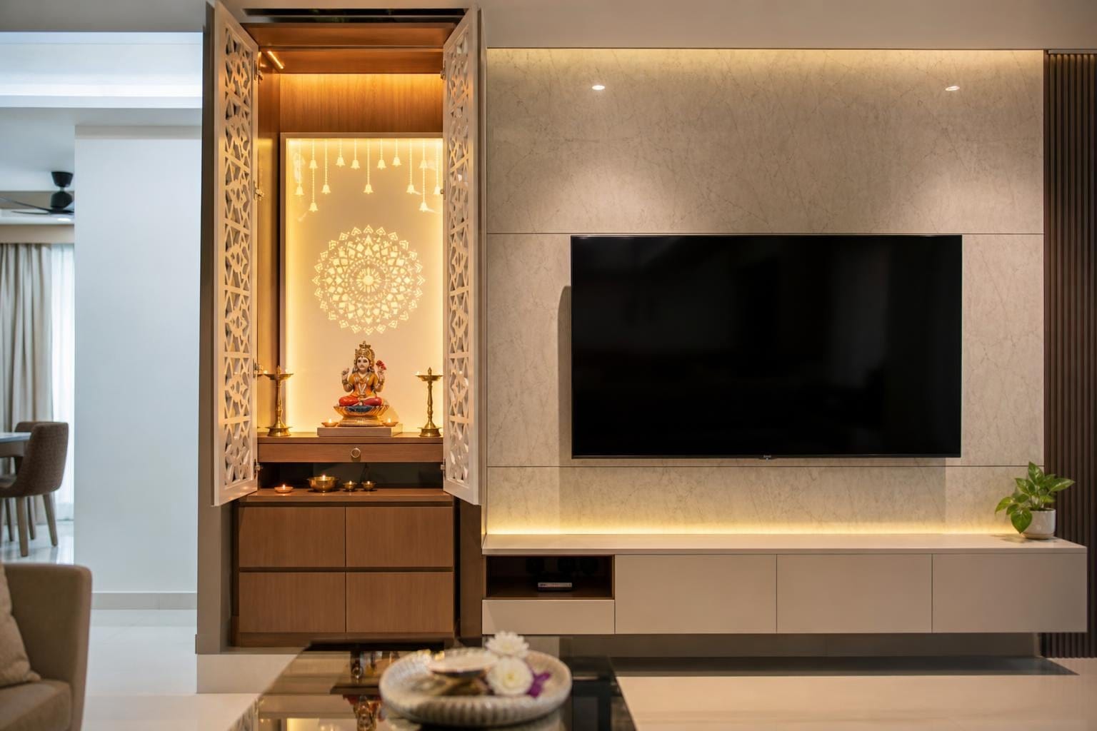pooja room with tv unit